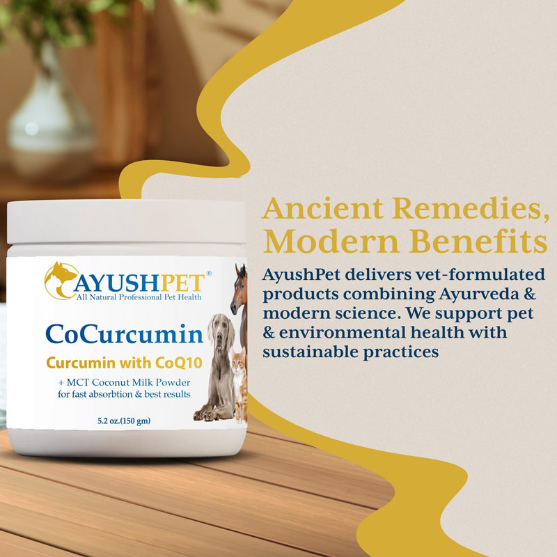 Ayush Herbs Ayush Pet CoCurcumin with Coq10, Muscle and Joint Pet Superfood Powder, Heart and Digestion Support, Small or Large Animals, Young and Senior Pet Supplement, 5.2 Ounces - PawsPlanet Australia