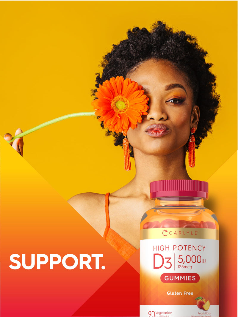 Carlyle Vitamin D3 Gummies 5000 IU (125 mcg) | 90 Count | Peach Flavor | Vegetarian, Non-GMO, Gluten Free Supplement 90 Count (Pack of 1)