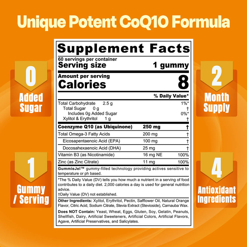 Sugar-Free CoQ10-250mg Filled Gummies Plus Omega-3, Zinc & B3, 2-Pack | 5x Absorption, Coenzyme Q10 Supplements for Hear-t Health, Cellular Energy & Antioxidant Support, 250mg CoQ10 per Gummy 60 Count (Pack of 2)