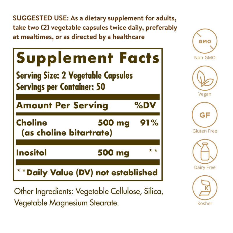 Solgar Choline/Inositol 500 mg/500 mg,100 Vegetable Capsules-Energy Metabolism,Liver Health,Essential for Brain&Nerve Function-Non-GMO,Vegan,Gluten Free,Dairy Free,Kosher-50 Servings,(Pack of 2) 100 Count (Pack of 2)