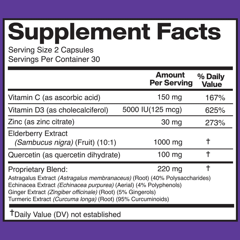 American Standard Supplements Elderberry Extract with Quercetin, Vitamin C, D3, Ginger, Zinc, Turmeric, Astragalus and Echinacea – 60 Capsules, 30 Servings 60 Count (Pack of 1)