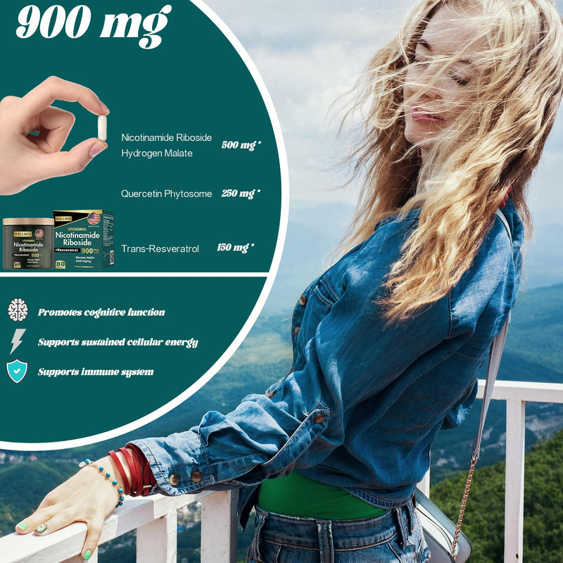 Liposomal NAD+ Supplement, 900mg Nicotinamide Riboside with Resveratrol, Anti-Aging Energy & Focus Support for Women & Men, 80 Vegan Gluten-Free Capsules