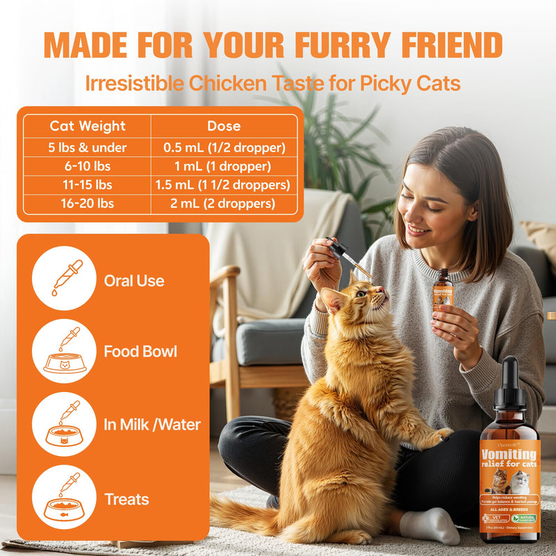Cat Vomit Remedy & Vomiting Relief for Cats, Cat Digestive Support with Probiotics & Herbs for Sensitive Stomachs, Helps Calm Vomiting & Nausea from Hairballs, Indigestion, Diet Changes or Mild Stress