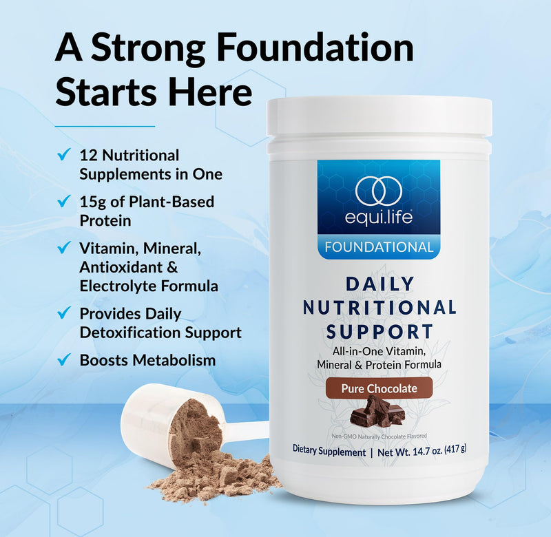 Equilife Daily Nutritional Support, All-in-One Multivitamin Meal Replacement, Pure Chocolate Flavor, 15G Plant Protein, Supports Overall Wellness Including Energy, Digestion, & Skin, 14 Servings Tub Pure Chocolate - Bottle 14.7 Ounce (Pack of 1)