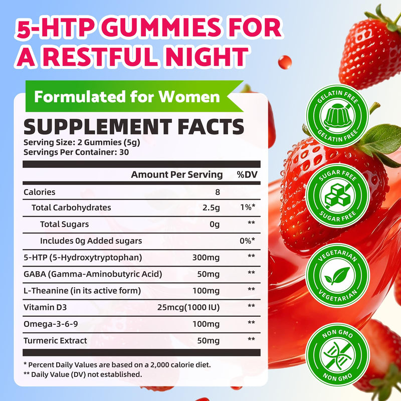 2 Pack 5-HTP Gummies + GABA - L-Theanine, Vitamin D3, Circadian Rhythm for Adults, Strawberry Flavor, 120 Count 2pack