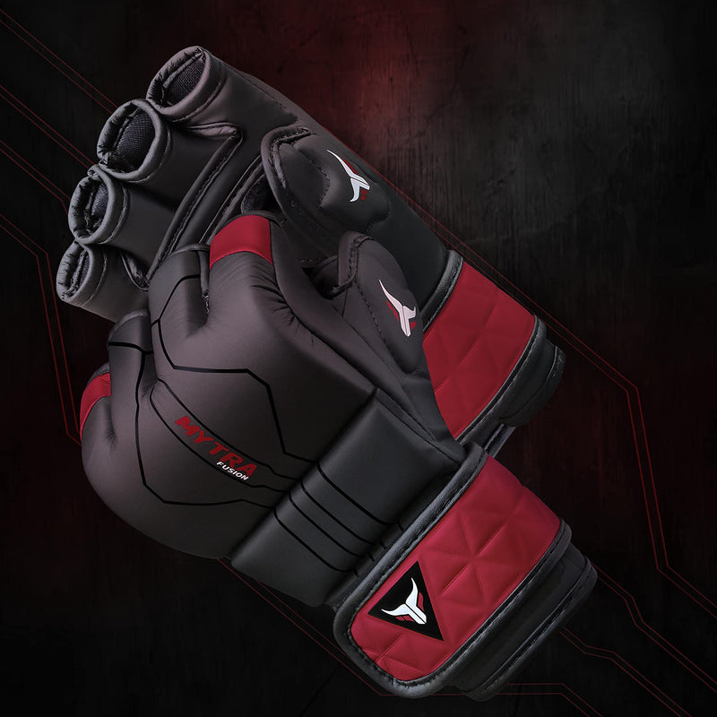 Mytra Fusion MMA Gloves with Open Ventilated Palm Sparring Gloves Kickboxing, Grappling, Training, Cage Fighting Mixed Martial Arts Gloves Black/Maroon Medium