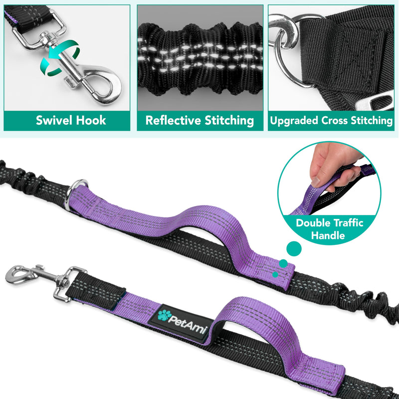 PetAmi Premium Hands Free Dog Leash for 2 Dogs, Adjustable Waist Belt Leash for Dog Walking, Fanny Pack Accessories Bag Dual Bungee Leash for Running, Hiking, Jogging, Biking, Purple 2 Leashes