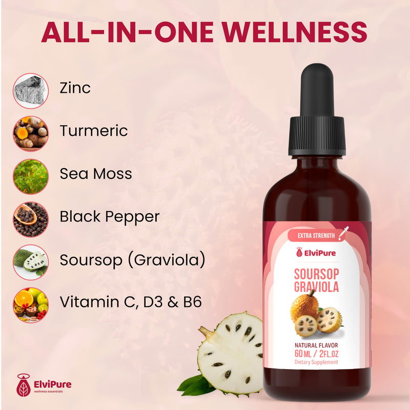 Soursop Bitters Liquid Drops – Immune Support & Gut Health with Soursop Organic Graviola Leaf Extract, Sea Moss, Vitamin C, D3, B6, Zinc, Turmeric & Black Pepper – 2 fl oz
