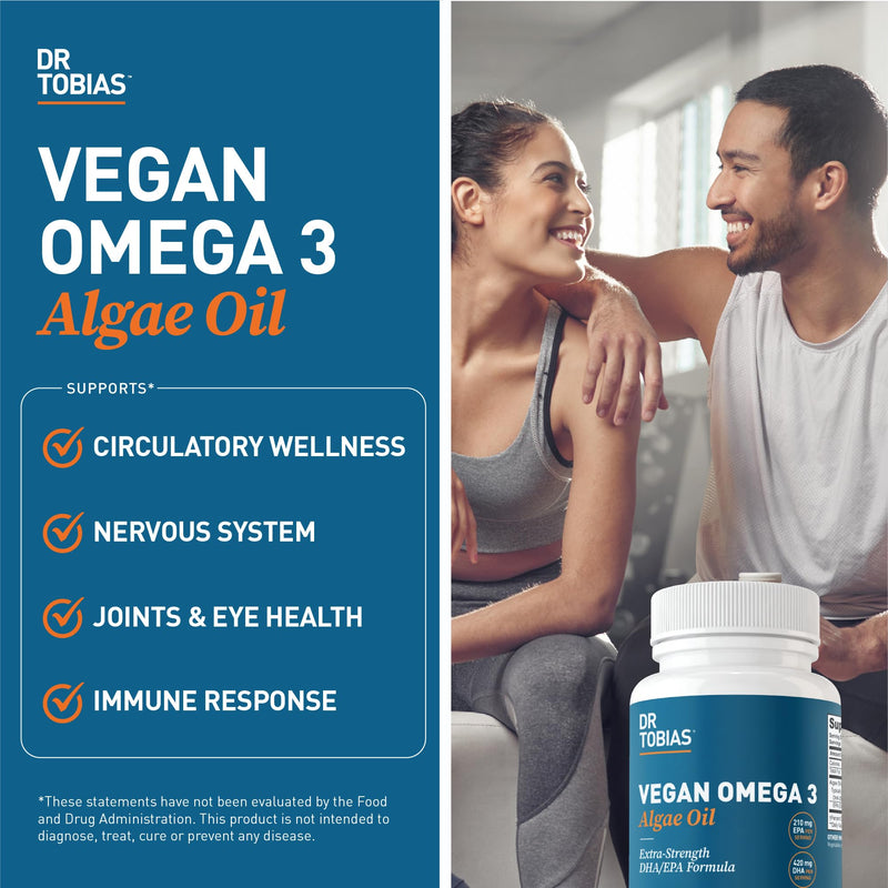Dr. Tobias Vegan Omega 3 Supplement, 1400mg Algae Oil, 420mg DHA, and 210mg EPA per Serving, Non-GMO, Gluten-Free, Carrageenan-Free, 60 Capsules, 30 Servings (Pack of 2) 60 Count (Pack of 2)