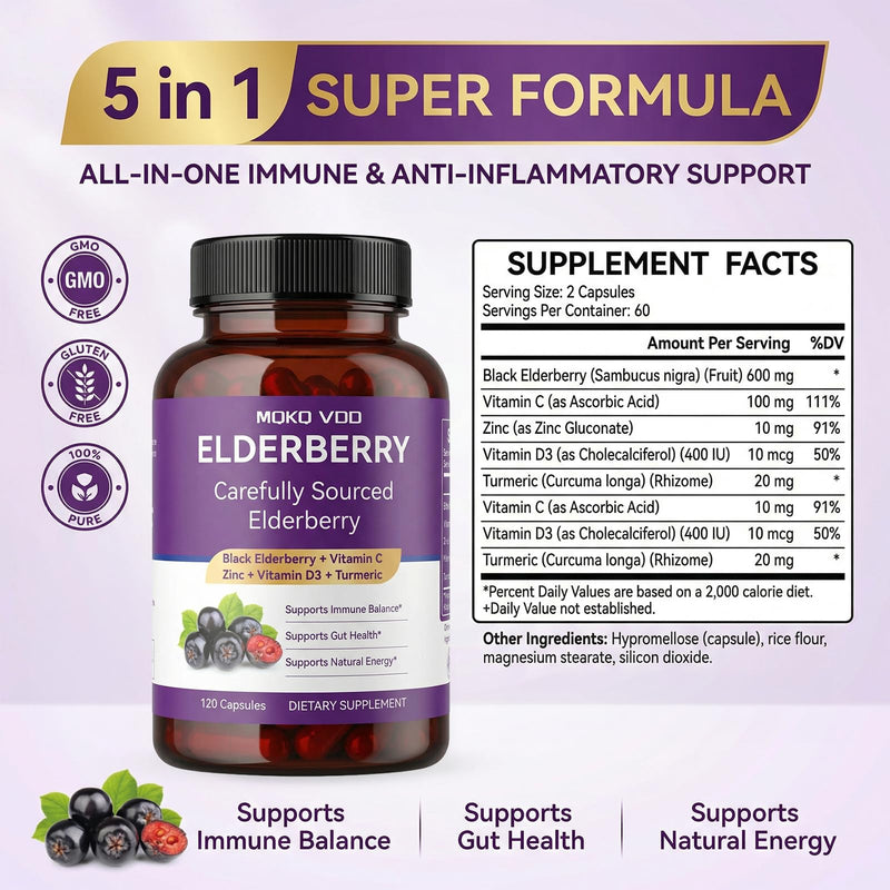 Elderberry Immune Support Capsules, Sambucus with Vitamin C Zinc D3 Turmeric FOS, 120 Vegan Enteric Coated Non-GMO Herbal Supplement