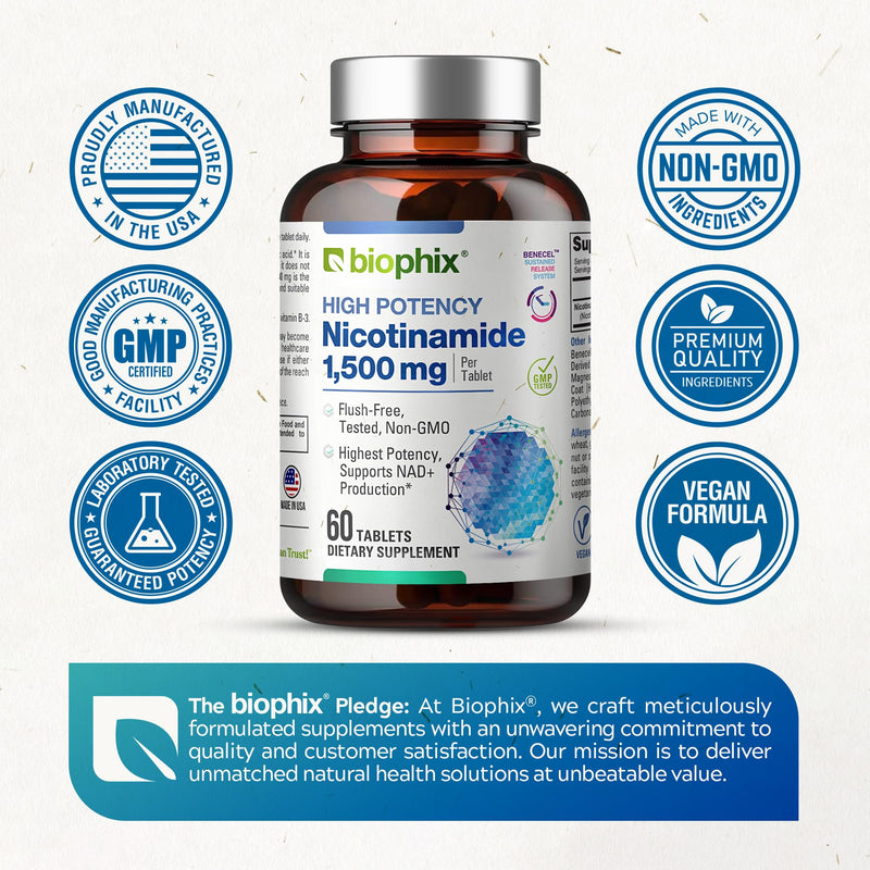 biophix B-3 Nicotinamide 1500 mg 60 Tablets Maximum Strength - Nicotinic Amide Niacin Natural Flush-Free Vitamin Formula - Supports Skin Cell Health