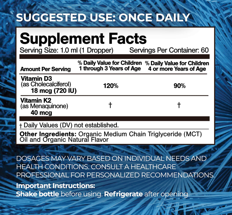 Tropical Oasis USDA Organic Vitamin D3 K2 Liquid Drops | Vitamin D3 K2 Supplement for Kids & Toddlers Ages 1+ | Kids Supplement for Calcium Absorption Strong Bones | Vegan, Non-GMO | 2 Fl Oz Kids Vitamin D3+K2