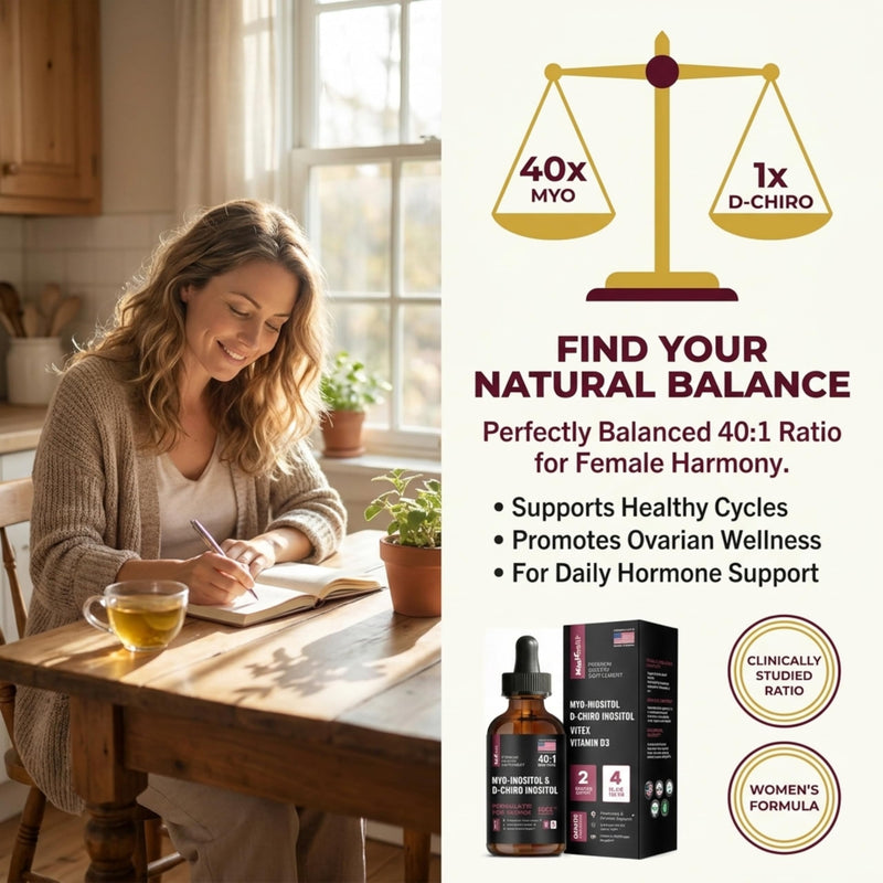 Myo-Inositol & D-Chiro Inositol Liquid Drops for Women | 40:1 Ratio | Hormone Balance & Cycle Support | Vitex + Vitamin D3 | 4 Fl Oz (2-Month Supply) 4 Ounce (Pack of 1)