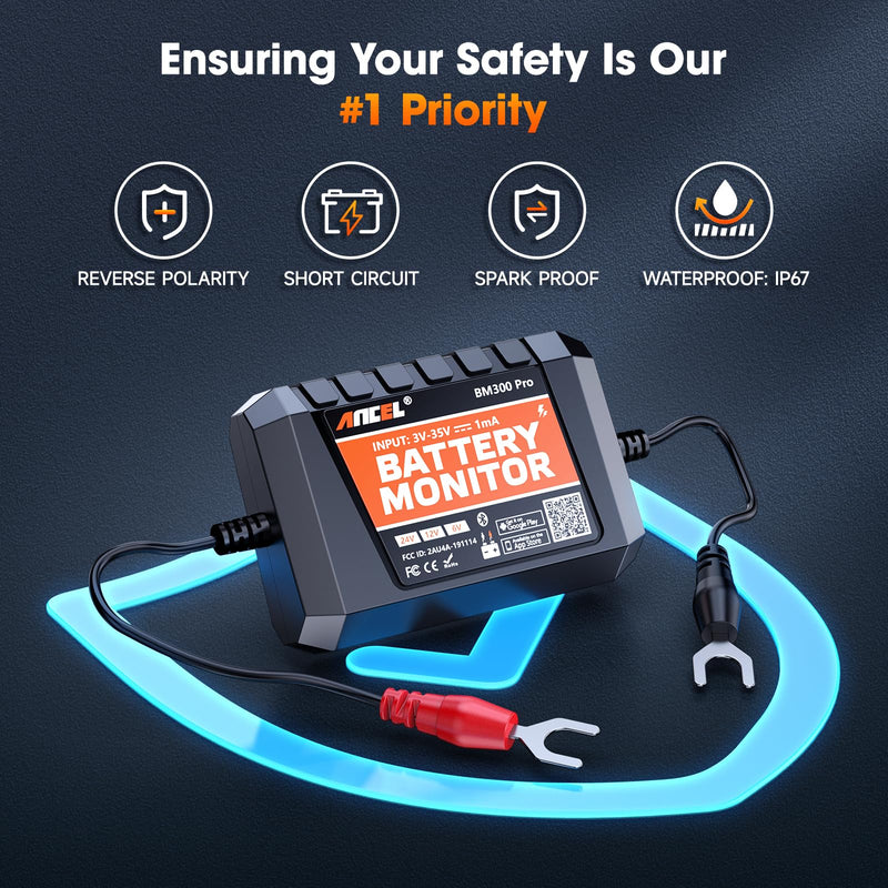 ANCEL BM300 Pro Battery Monitor - 6V/12V/24V Universal with Bluetooth 5.3 & Reinforced Design, Charging & Cranking Tests, Real-Time Alerts for Lead-Acid & Lithium Batteries in RV, Truck, Marine & More Orange