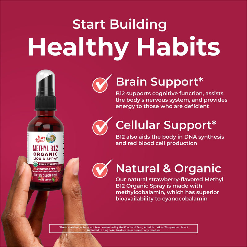 MARYRUTH'S Vitamin B12 Liquid Spray | Vegan, Non-GMO, Gluten-Free | USDA Organic Supplement | Energy & Nervous System Support | B12 Vitamins for Women & Men | 720 mcg | 1 Fl Oz Strawberry 1 Fl Oz (Pack of 1)
