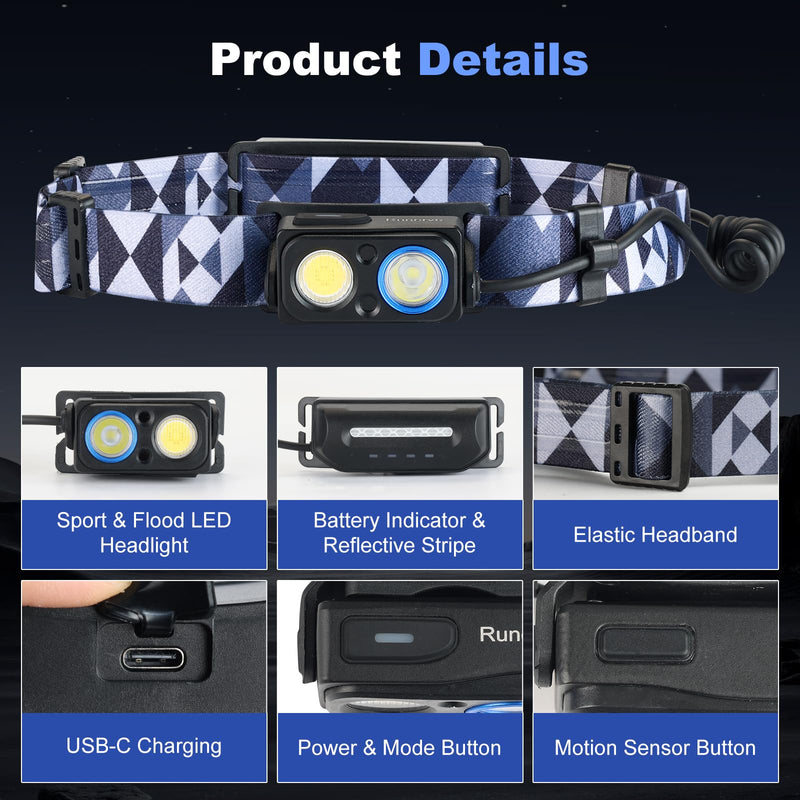 LED Rechargeable Headlamp, 1000LM Motion Sensor Headlight– Spotlight & Floodlight, 90° Tilt, Reflective Battery Pack, IPX4 Waterproof, Comfortable Split Design for Camping Hiking Running Fishing