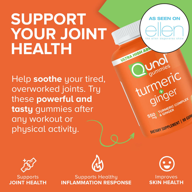 Qunol Turmeric and Ginger Gummies - Joint Support Supplement with Ultra High Absorption, 90 Count Vegan and Gluten Free Gummies Orange 90 Count (Pack of 1) - BeesActive Australia