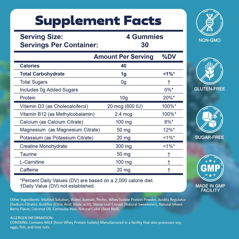 3-in-1 Whey Protein Gummies: 10g Isolate, Creatine & Electrolytes | Power, Recovery, Hydration, 0 Sugar Keto Pre Post Workout for Men & Women, Energy Boost On-the-Go Fitness, 120 Count