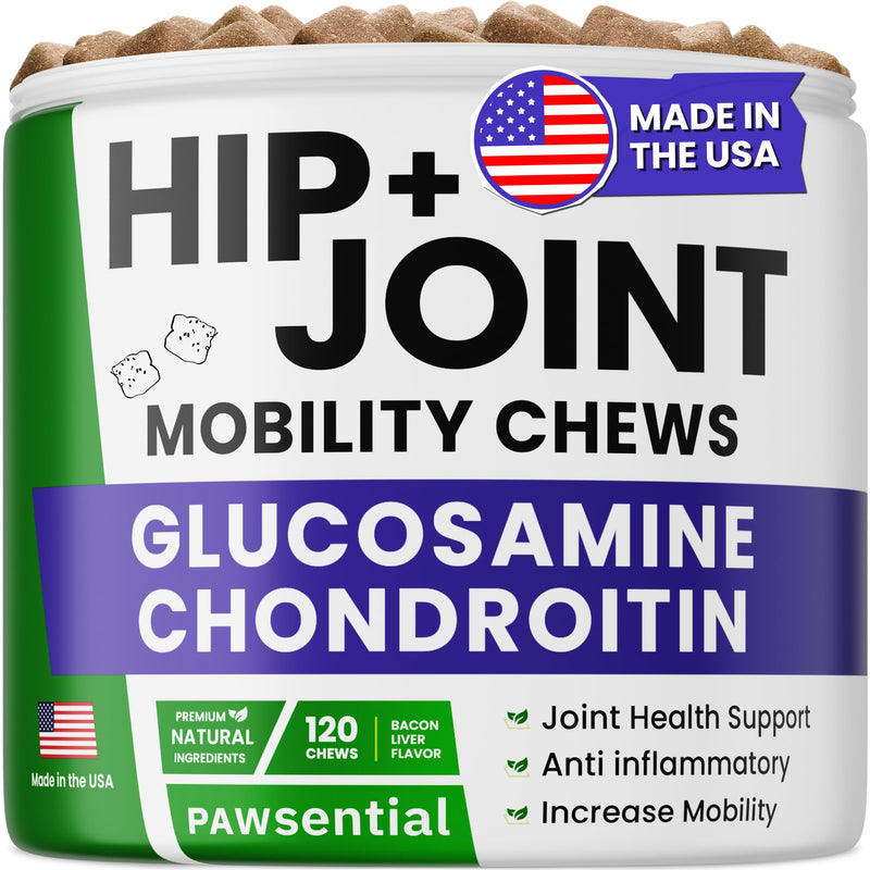 Glucosamine Chondroitin for Dogs - Joint Supplement w/Omega-3 Fish Oil - MSM - Advanced Mobility Chews - Joint Pain Relief - Hip & Joint Care - 120Ct - Made in USA 120 Treats