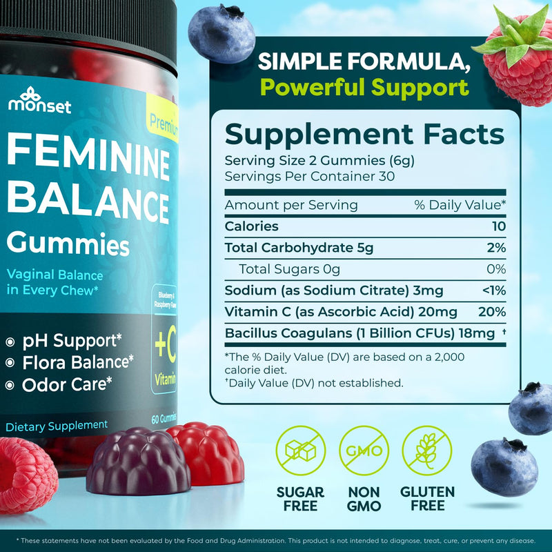 MONSET Feminine Balance Gummies for Women – Vaginal Probiotics for Women pH Balance & Odor Control – 60ct Prebiotics and Probiotics for Womens – Berry Flavor Vaginal Health Supplement
