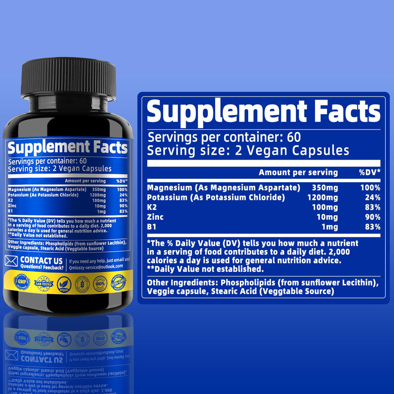 Potassium Magnesium Supplement, 1600mg Liposomal Magnesium Aspartate, Potassium Chloride, with Zinc, K2, Vitamin B1 for High Blood Pressure, Support Vascular, Bone & Leg Cramps, 120 Veg Capsules - BeesActive Australia