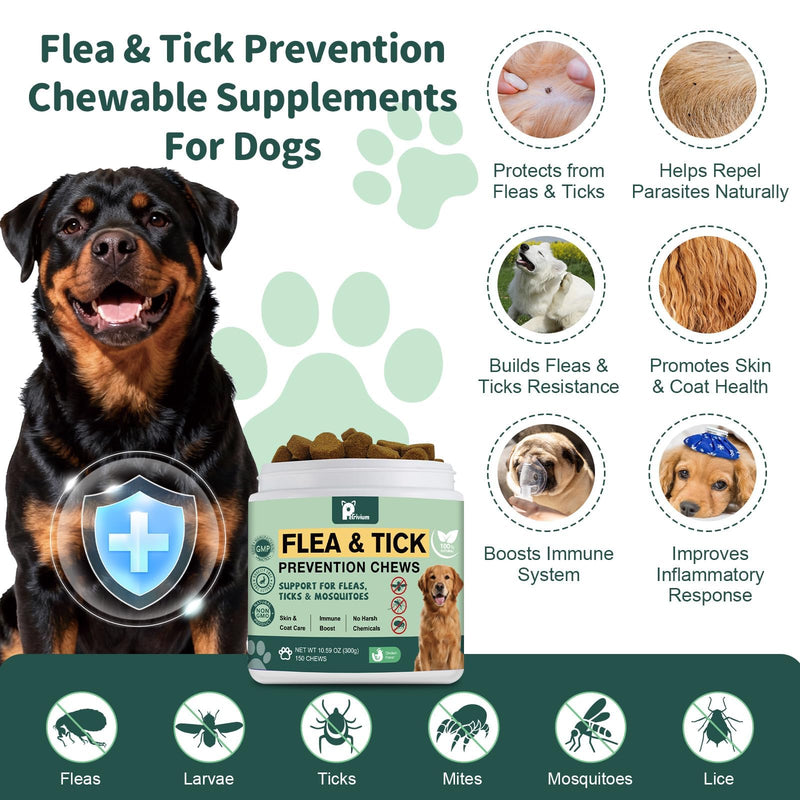 Dogs Flea and Tick Prevention Treatment Chewable, Flea and Tick Prevention for Dogs, Oral Flea Pills Treatment Support Supplement - Flea and Tick Chews - All Breeds & Sizes - 150 Ct