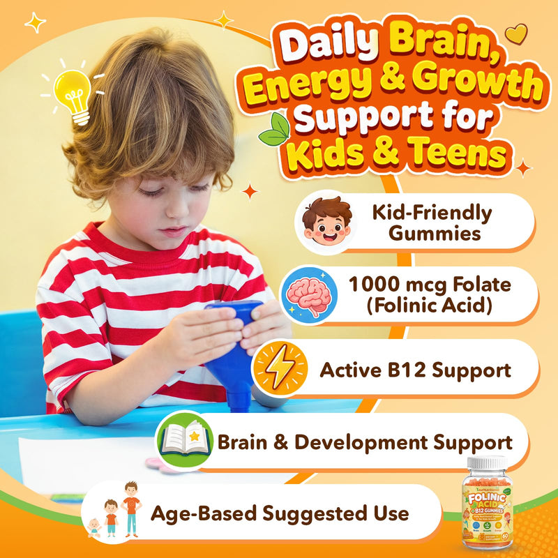Folinic Acid Gummies for Kids, 1000mcg Folinic Acid + B12, Orange Flavor | Brain & Growth Support, Methylcobalamin B12, Sugar Free, Gelatin Free, Kids & Teens, 60 Count