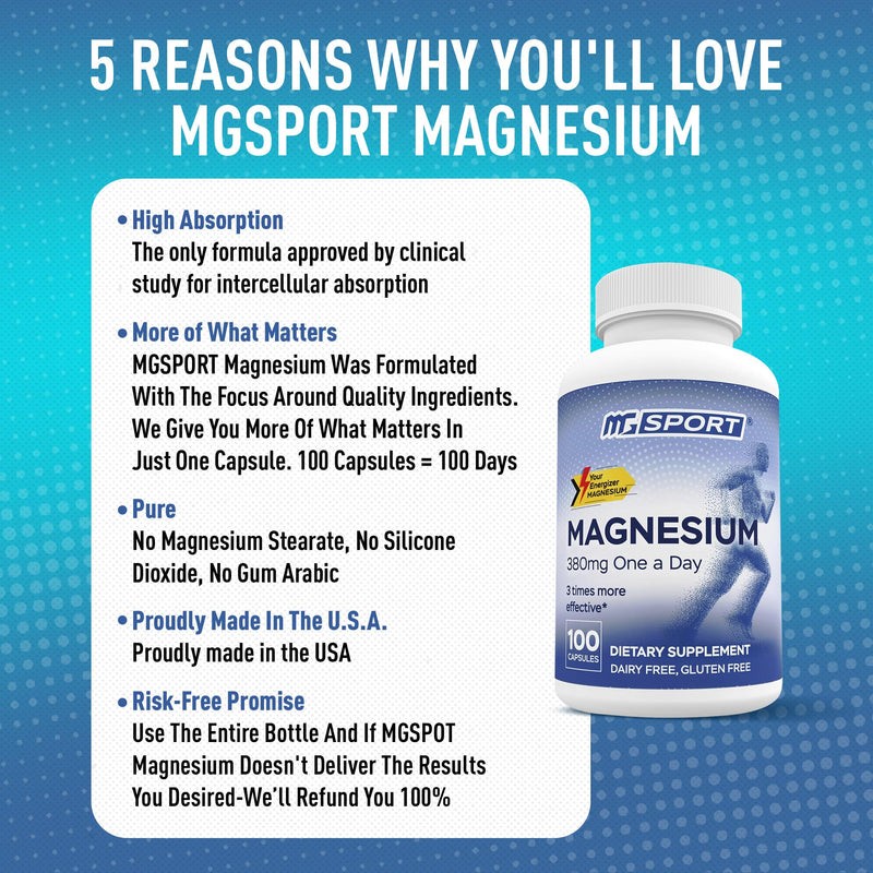 MgSport 100 Magnesium Supplement | High Intracellular Absorption Complex Formula, Vitamins B6, D, E, Supports Muscle Function and Sleep Quality, 100 Servings Unflavored 100 Count (Pack of 1)