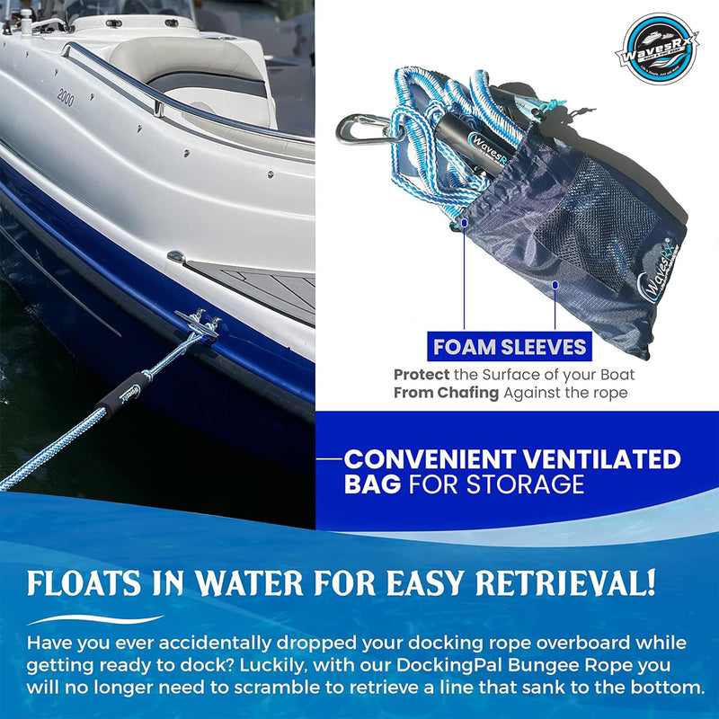 WAVESRX DockingPal - Premium Bungee Dock Line for Boats & PWC | Elastic Mooring Rope Stretches to Absorb Shocks & Prevent Damage to Your Watercraft | Safer Docking for Your Boat, Jet Ski, Pontoon 6'-8" (2PK) + Carabiner - BeesActive Australia