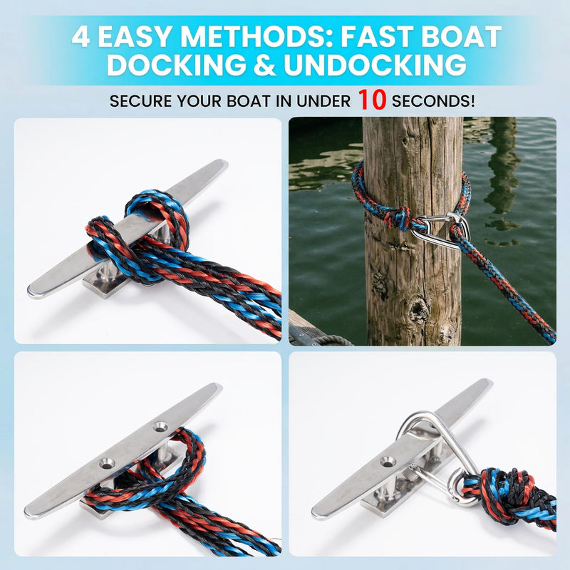 Obcursco Heavy Duty Boat Dock Lines (7ft & 14ft) - 1/2" Marine Mooring Rope with 316 Stainless Steel Clip - Accessories for PWC, Pontoon, Center Console, Jet Ski (Black/Red/Blue, 2 Pack) Black/Red/Blue - BeesActive Australia
