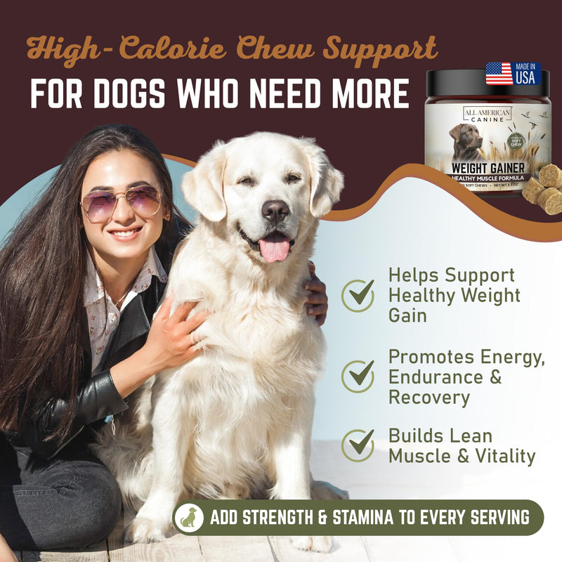 All American Canine Dog Weight Gainer Powder and Chews - High Calorie Food Supplement, Premium Quality Weight Gainer, Mass, Recovery, Appetite Stimulant