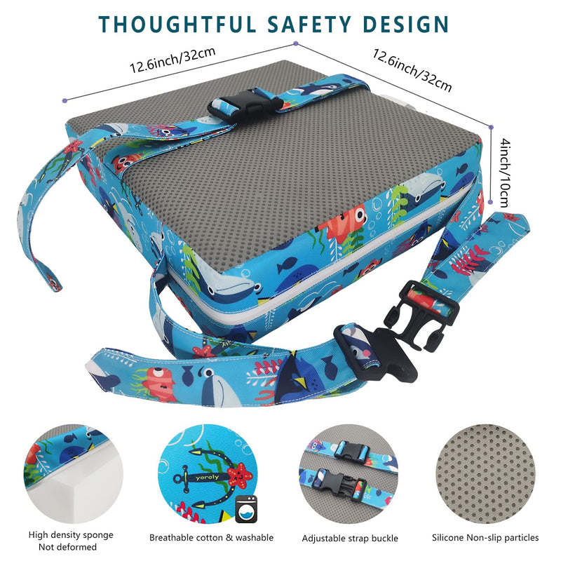Toddler Booster Seat for Dining Table,4 Inches Washable Double Safer Straps Non-Slip Bottom Booster Seat for Kids, Portable Travel High Density Sponge Detachable Increasing Cushion for Child Blue-Ocean World - BeesActive Australia