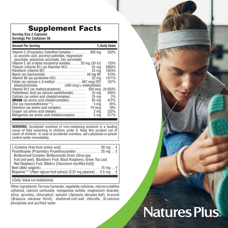 NaturesPlus Hema-Plex Iron - 60 Fast-Acting Capsules - 85 mg Chelated Iron + Vitamin C & Bioflavonoids for Healthy Red Blood Cells - Vegan, Gluten Free - 30 Servings
