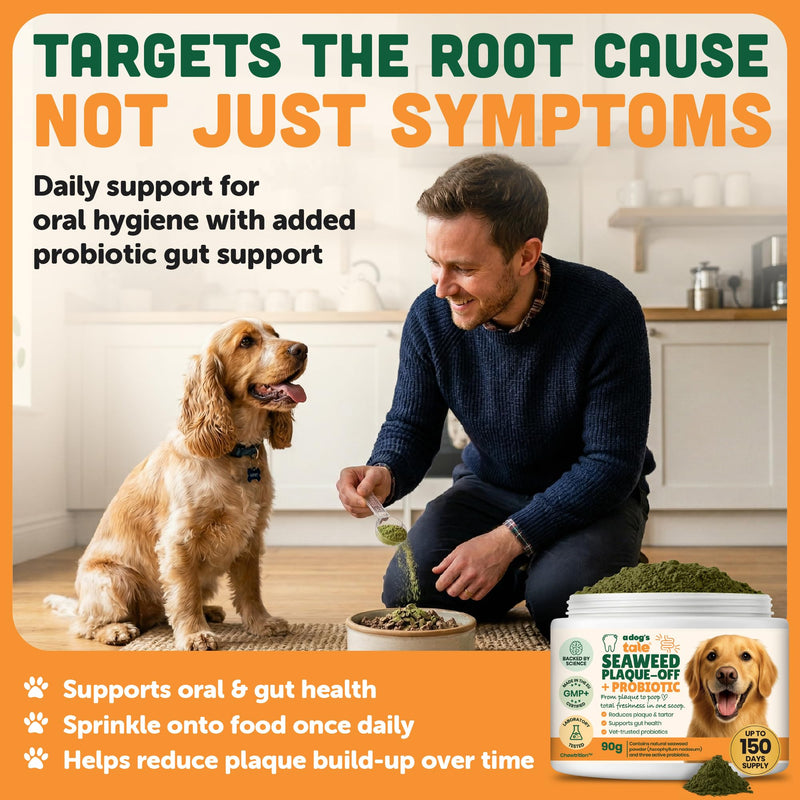 Plaque Off Powder for Dogs | Dogs Dental Powder for Teeth Cleaning, & Tartar Removal – Seaweed Plaque Remover with Probiotics for Gut Health & Fresh Breath – Up to 150 Days Supply