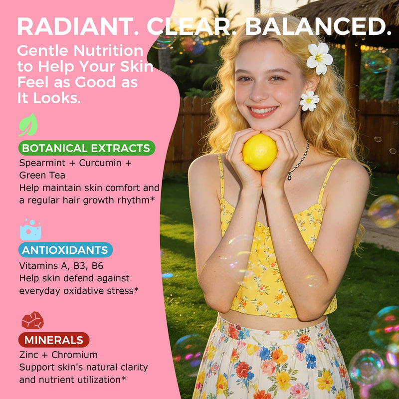 Spearmint Supplement Gummies for Women & Teen Girls, Pure Complexion, 60ct | Organic Spearmint Gummies with Vitamins, Chromium & Zinc, Green Tea Extract, Clear & Healthy Skin Support, Sugar-Free