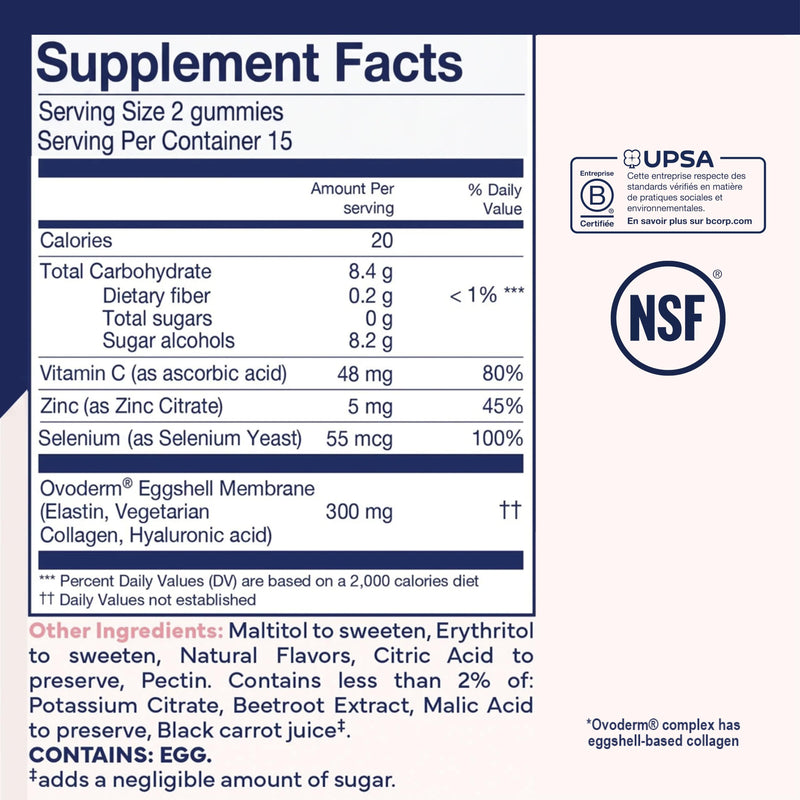 Upsa Nourished Collagen Skin Lift 30ct – Ovoderm® Egg Membrane Complex with Vitamin C, Zinc & Selenium – Sugar-Free Vegetarian Gummies – Plastic-Free Biodegradable Packaging