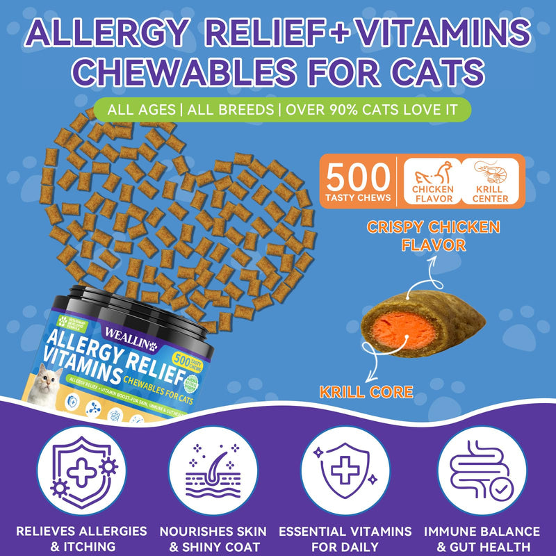 WEALLIN Cat Supplement Bundle, Taurine Multivitamin Chews & Allergy Relief Chews, 2 x 500 Crunchy Treats for Heart, Vision, Immunity, Digestion, Skin, Coat & Seasonal Support