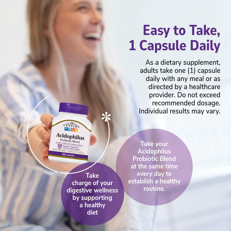 21st Century Acidophilus Probiotic Blend Capsules, 100 Count | Daily Probiotic with Lactobacillus Acidophilus & Inulin Prebiotic, Digestive & Immune Health Support, Everyday Gut Balance 1