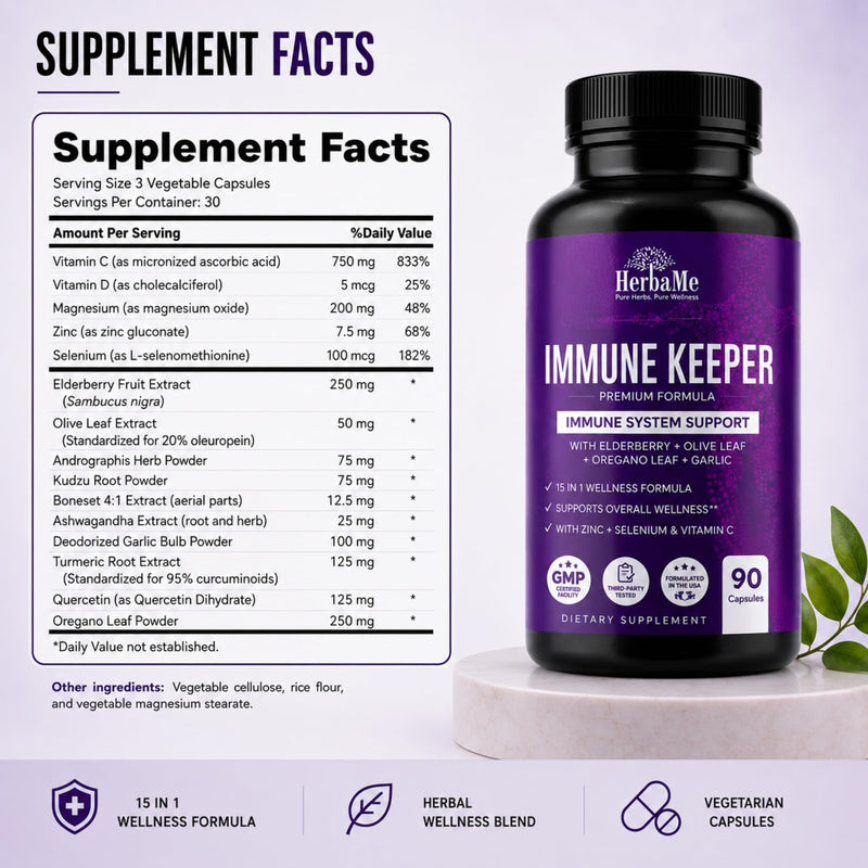 HerbaMe Immune Support Supplement with Elderberry, Quercetin & Zinc | 15-in-1 Formula with Vitamin C, Selenium, Olive Leaf, Garlic for Daily Health, Wellness & Antioxidant Support, 90 Capsules