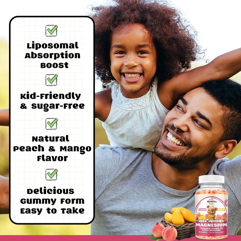 Liposomal Kids Magnesium Gummies- Magnesium Glycinate Gummies for Kids Supplement-w/Omega-3, Vitamin B6, D3- Support Calm Stress Relief, Bones, Mood, Peach & Mango Flavor, 60 Count 60 Count (Pack of 1)