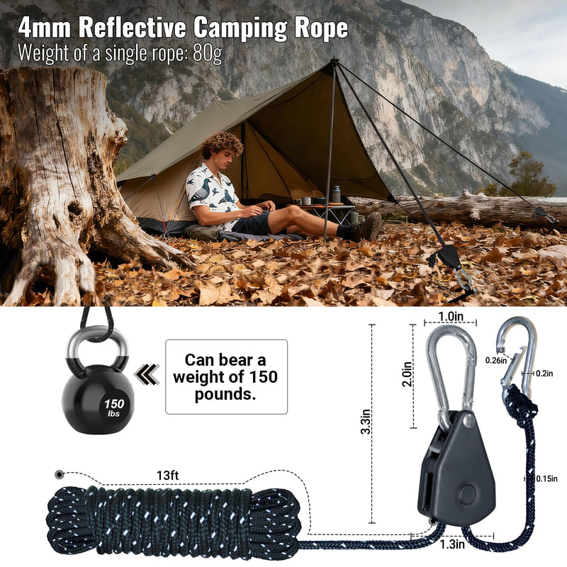 Camping Rope Reflective Tent Rope Guyline with Ratchet Pulley, Tarp Tie Down Ropes for Tent Tarp, Canopy Shelter, Camping, 13ft Adjustable Guy Line for Canopy Tent 4 Pack Guy Lines Tents Cords Black-4 Pack