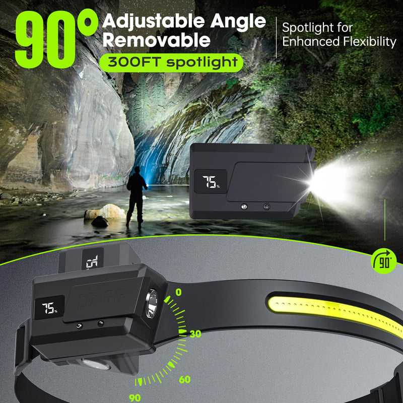 3Pcs Rechargeable Headlamp with Adjustable & Removable Spotlight, LED Waterproof Headlight, Headband Light, Motion Sensor Hands-Free,Head lamp Band, Super Bright, 6 Modes for Running,Fishing,Hiking Black 3Pack