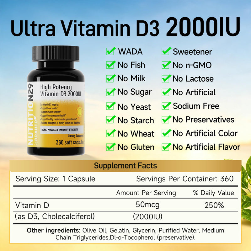 Vitamin D3 2000 IU (50 mcg),360 Day Supply Vitamin D Softgels | USP-Grade Provitas® Softgels with MCT & Olive Oil,High Potency Immune & Bone,Muscle Health Support Supplement,Non-GMO Nutrition29 Vitamin D3 2000 IU (50 mcg) 360 ct