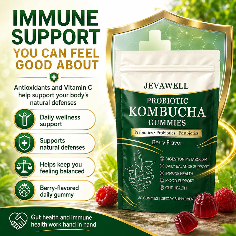 Jevawell Kombucha Gummies, Probiotic Digestive Health Supplement with, Organic Prebiotics for Gut Health, Immune Boost, and Natural Energy – Vegan, Non-GMO, Gluten-Free, 120 Gummies 1 Ounce (Pack of 2)
