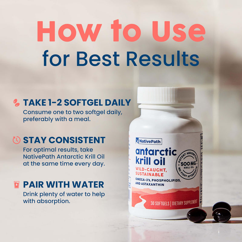 NativePath Wild-Caught Antarctic Krill Oil 500mg - Premium Astaxanthin 200mcg Phospholipid-Bound Omega-3 EPA DHA - Pure Formula GMP Certified Third Party Tested - 30 Softgels | Wild-Caught, Astaxanthin, EPA & DHA Phospholipid-Bound, Supports Circulator...