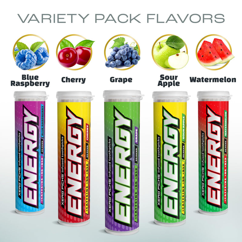 Xero Picks Energy Infused Flavored Toothpicks with Caffeine, B12 and B6 (Variety Pack, 20 Count (Pack of 5)) Non-GMO Kosher Vegan Variety Classic 20 Count (Pack of 5) - BeesActive Australia