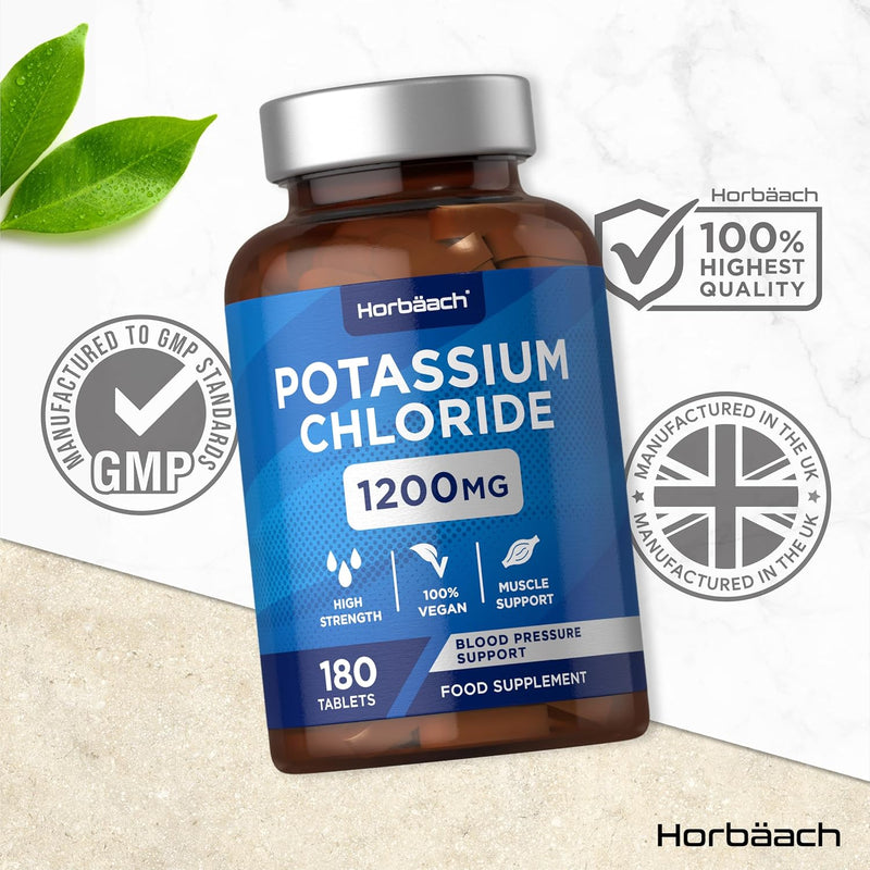 Potassium Supplement High Strength 1200mg | 180 Vegan Tablets | 624mg of Potassium & 564mg of Chloride | Suitable for Vegans & Vegetarians | by Horbaach - BeesActive Australia