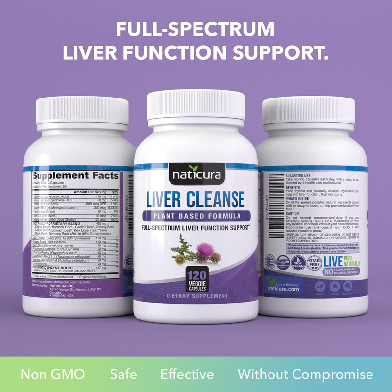 Liver Cleanse Plant-Based Formula - Vegan Full Spectrum Supplement with Milk Thistle, Vitamin C and Zinc for Liver Function and Immune Support - 120 Capsules - No Fillers or GMO - Made in USA