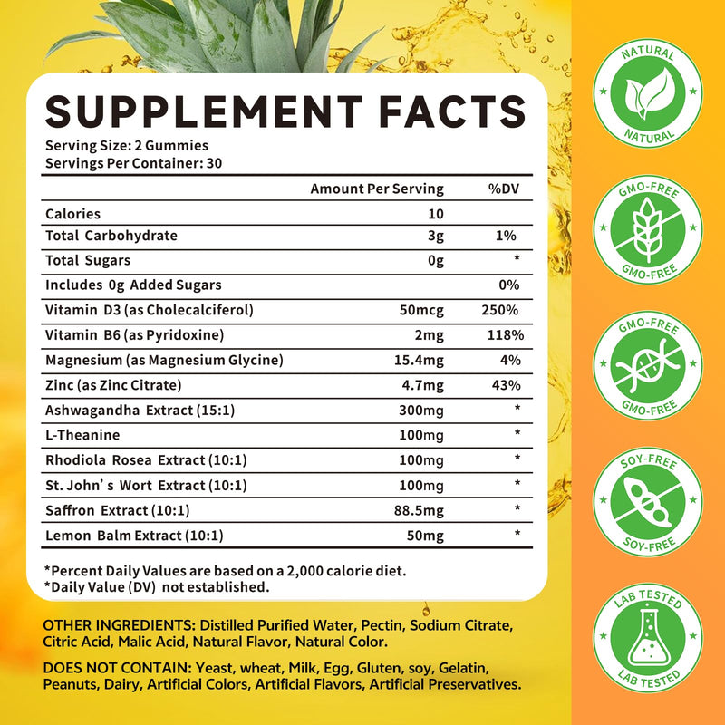 10-IN-1 Saffron Gummies, Sugar Free Saffron Supplements with Ashwagandha, L-Theanine, Rhodiola Rosea, Vitamin D3, B6, Magnesium & Zinc for Mood, Energy, Focus Support, Pineapple Flavor, 120 Count 120 Count (Pack of 1)