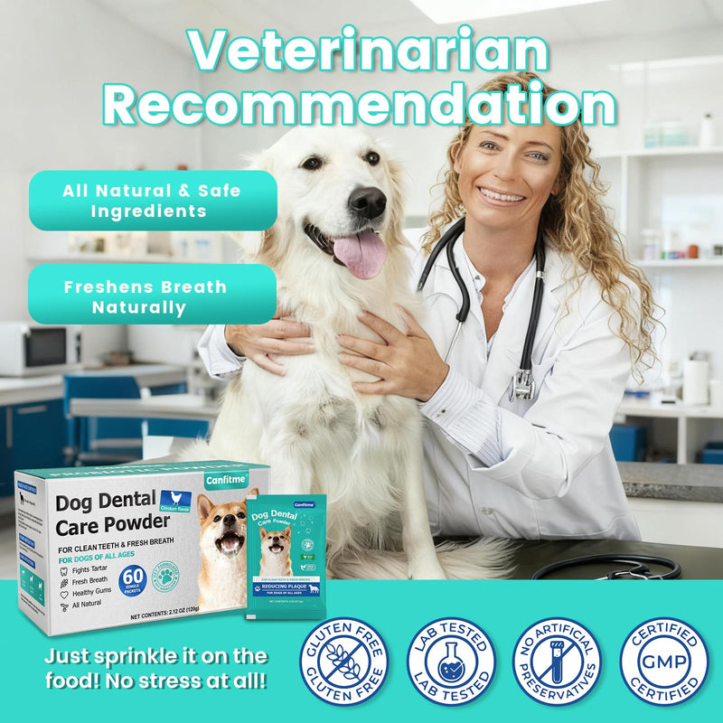 Dog Dental Powder for Teeth Cleaning with Probiotic & Tartar Remover, Fresh Breath Support, No Brushing Oral Care, Chicken Flavor, 60ct